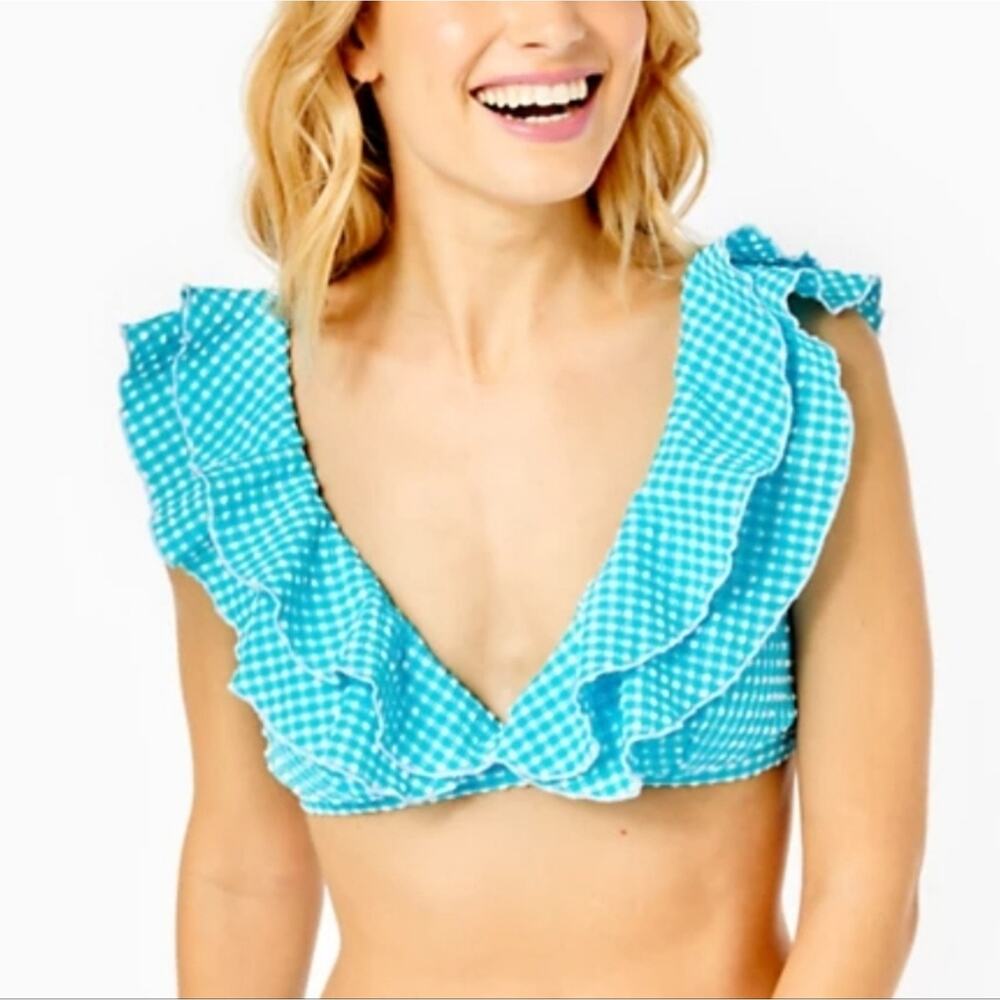 Lilly Pulitzer Aelin Bikini Swim Top Turquoise Oasis Crinkle Gingham 6